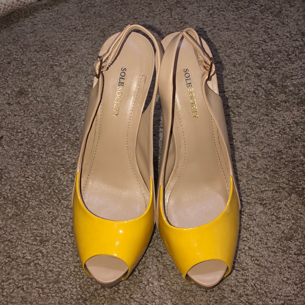 Yellow and Tan Platform Peeptoe Pumps